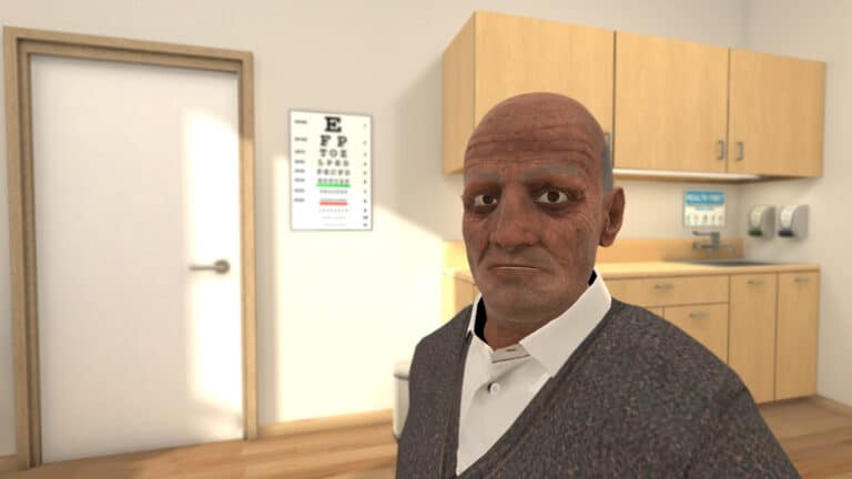 Virtual patient sitting in outpatient clinic room