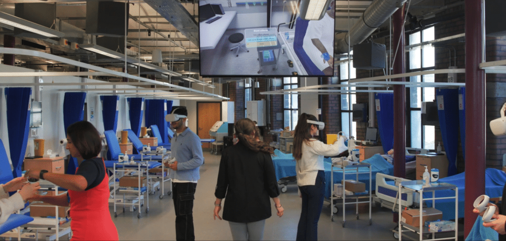 Students in VR headsets streaming OMS scenarios in lab