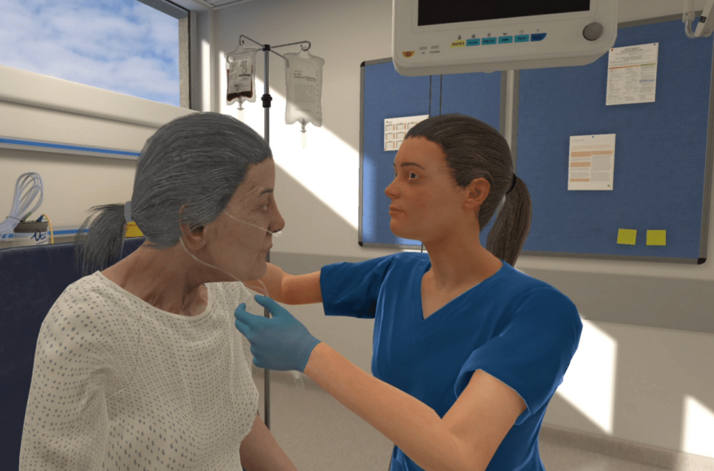 Nurse applying nasal cannula for virtual patient