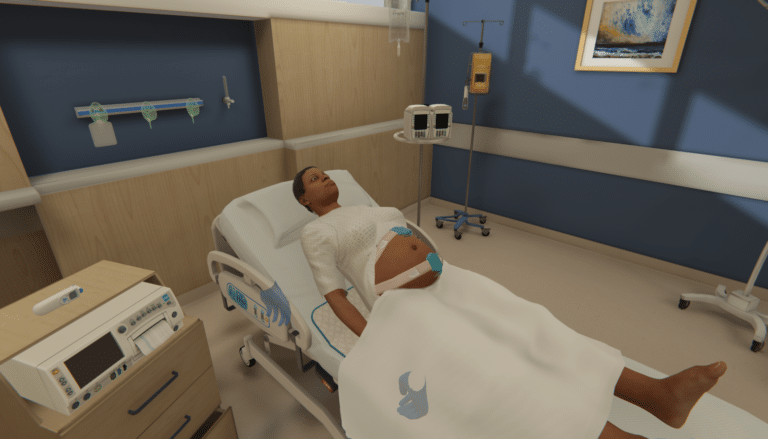 Virtual maternity patient reclined in hospital bed