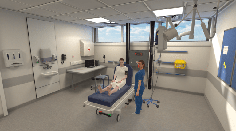 Inpatient virtual hospital room with virtual patient and nurse